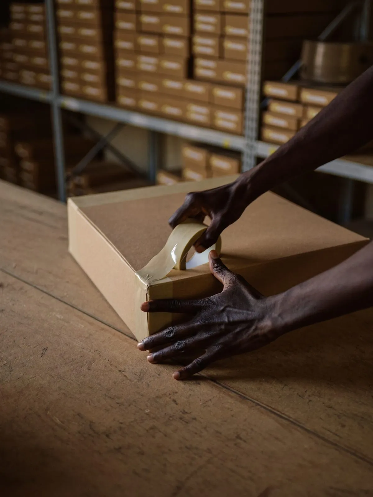Hands sealing a parcel on the packing table